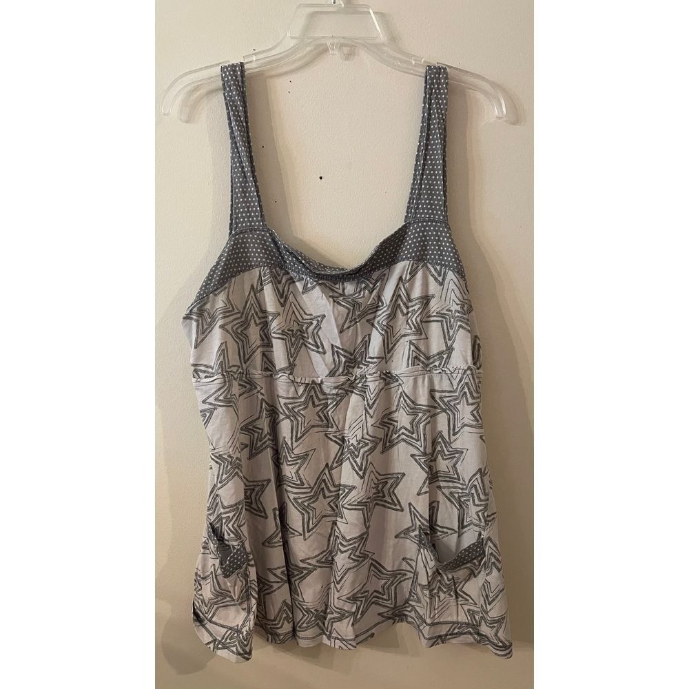 Derek Heart Plus Womens 2X Grey White Star Polka Dot Mixed Print Pocket Tank Top